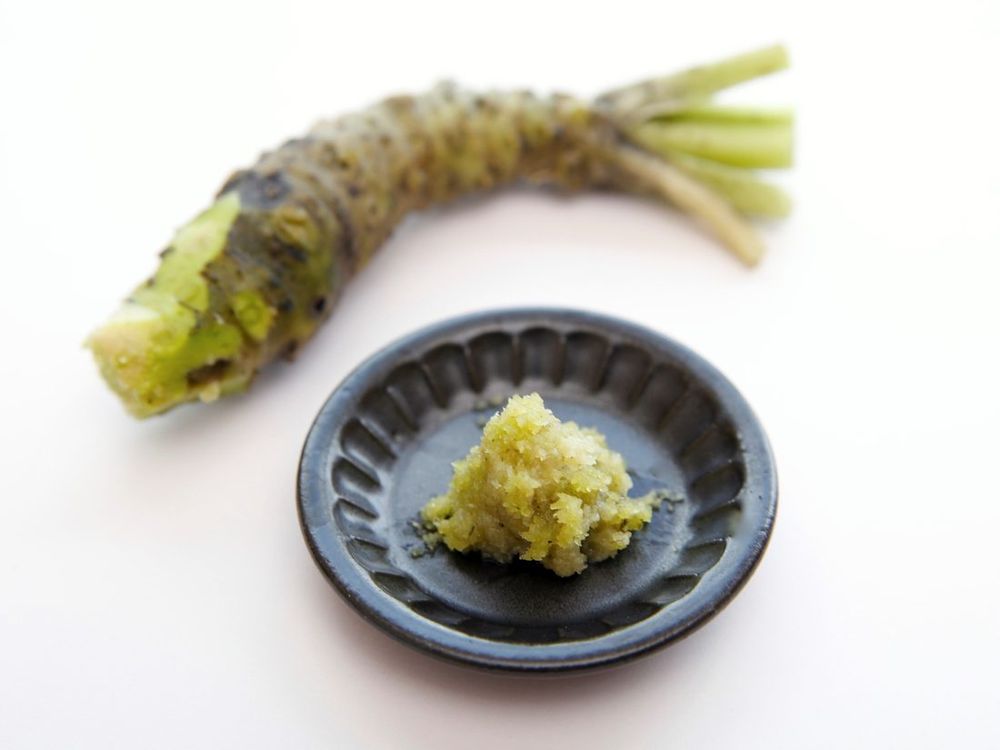 A fresh wasabi rhizome beside grated wasabi on a dark dish